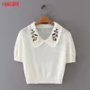 Tangada korea chic kvinnor blommor emboridery krage sommar tröja kort ärm damer stickade jumper toppar 7Y32 210609