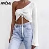 AProms Sexig One-Shoulder Ruched Sweater Kvinnor Casual Flare Sleeve DString Stickade Pullovers Streetwear Grå Mjuk Basic Top X0721