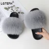 LGTEFH Fluffy Chinelos Real Fox Fur Slides Furry Flat Sandals EVA Interior Não-Slipladies Verão Sapatos de Couro K722