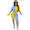 Casual Women Two Piece Set Color Block O Neck Short Sleeve T-shirt Biker Shorts Tracksuit Sportswear Party Street Sexy Outfits 210603