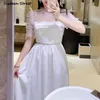 Letnia Sukienka Kobieta Mleko Biała Wysoka Talia Mesh Patch Vestido Krótki Rękaw Organza Elegancka Party Es Kobieta 210603