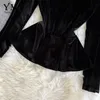 Kvinnors Blusar Yuoomuoo Höst Vinter Kvinnor Toppar 2021 Gotisk Vintage Mesh Patchwork Velvet Elegant Ladies Blusas Black