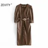 Zevity Autumn Women Fashion v Neck Solid Pu Leather Snake Sashes Midi Dress Office Ladies Chic Plets Puff Sleeve Vestido DS4541 210309