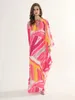 カジュアルドレス2022夏のファッションデザイナールーズロングドレスプラスサイズの女性バットウィングスリーブプリントエレガントなシフォンマキシ