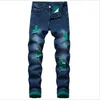 メンズジーンズ2021リッピング秋デザイナースリムフィットブラックブルーデニムパンツ男性の苦しんで破壊されたズボン