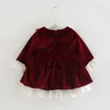 Toddler Tjej Röd Vintage Velvet Klänning Barn Lace Bow Lolita Princess Dresses Baby Christmas Frocks Kids Spanska Vestidos 210615