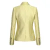 HarleyFashion Bright Silk Luxury Design Yellow Women Temperament Långärmad Dubbelbröst Texturerad Höst Blazer Coat X0721