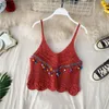 Été nouveau design femmes spaghetti sangle crochet tricoté style ethnique évider frange volant gland court gilet réservoirs camis