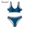 Seaselie Sexy Sportowy Niebieski I Czarny Szydełka Bikini Zestawy Swimsuit Dwie Kawałki Stroje Kąpielowe Kobiety Letni Plażowy Kostium kąpielowy 210702