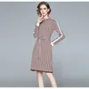 İlkbahar Sonbahar Kış Moda Lady Örme Elbise O Boyun Houndstooth Rahat Örgü A Hattı 210531