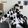 Abrigo de moda de invierno coreano Harajuku Vacas Impresión suelta Chaqueta de cuero de manga completa Vintage Franela Mantenga abrigo de algodón cálido 210712