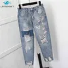 9116 Kobiety Duży rozmiar Dorywczo Loose Brzoskwinia Kwiat Haft Hole Harem Denim Pant Office Lady Vintage Długość kostki Zgrywanie Dżinsy 210629