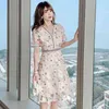 Summer Korean Chiffon Dresses Women Lace Short Sleeve Office Lady Bodycon Plus Size Pink Sheath Vintage 210531