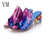Marka Büyük Boyutları 35-41 Renkli Rhinestone Kristaller Topuklu Peep Toe Yaz Bayan Ayakkabıları Kadın Sandalet Terlik Sıcak Satış J2023