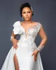 2022 Vintage Arabic Aso Ebi Mermaid Lace Crystals Wedding Gowns Illusion Neck Side Split Detachable Train Overskirts Bridal Dresses Crystal Beads Long Sleeves