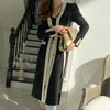 Casual Dresses Contrast Color Fashion Knitted Slim Maxi French Vintage Cardigan Long Sleeve Strappy Dress Vestidos De Mujer 2021