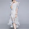 Runway Fashion Blue Summer Women Dress Flare Sleeve Print 3D Flower Embroidery Long Mesh Party Holiday 210603