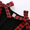 2 Pcs Girls Dress Set Solid Color Round Neck Long Sleeve Falbala Pullover Plaid Suspender Skirt Daily Life G1026