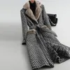 Winter Plaid Wool Blends S-5XLWomen Coat OfficeThicker Warm Fur Collar Outwear Female Double Breasted Plus Size Gray Long Jacket