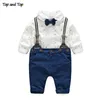 Baby Weihnachten Kleidung Set Langarm Fliege Strampler Hemd + Hosenträger Hosen 2 Teile/satz Outfits Anzug für Kleinkind Jungen 3M-24M 210309