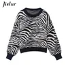 Jielur O-Neck Women's Sweater Loose Pullovers Ladies Soft Striped Zebra Chic Korean Knitted Sweaters Casual Tops Winter Harajuku 210914