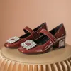 2022 Spring New Women's Shoes Shinestone Diamond Square Toe Buckle Tacón medio con suela gruesa Zapatos de vestir de talón grueso
