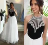 2022 Black White Night Formal Vestidos Formal Bainha Alta Halter Top Abrir Back Lantejoulas Beading Tule Prom Vestido Princesa Party