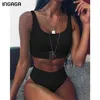 INGAGA taille haute Bikini maillots de bain femmes Bandeau Push Up maillot de bain Feamle boucle ensemble noir vêtements de plage maillot de bain 210722