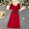 Women Fashion Summer V Neck Short Sleeve Folding Slim Solid Color Casual A-line Dress Clothing Vestidos S782 210527