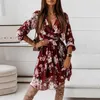 Casual Dresses Elegant Chiffon A Line Pleated Knee Dress Women Fashion Autumn V Neck Floral Print Belted Folds Party Vestidos