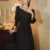 Yosimi mulheres negras vestido primavera uma linha assimétrica pescoço apto e flare puff manga elegante império aniversário para 210604