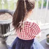 Toddler Girl Summer Stick T-shirt Bubble Sleeve Kawaii Röd Plaid Tshirts för barn Flickor Kort stil Koreansk Märke TOP 210619