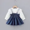 Autumn Girl Sets Baby Lace Large Collar White Shirt+Denim Suspenders Skirt 2pcs Outfits Kids Clothes E20131 210610