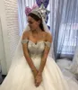 Luxury Crystals Beaded Ball Gown Wedding Dresses Off The Shoulder Long Train Vintage Bridal Gowns Chapel Ivory Organza Bride Dress Plus Size 2021 robe de mariée