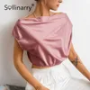 Sollinarry Élégant Satin Solide Asymétrique Femmes T-shirt Off Épaule Chic Lady T-shirts Soirée Causal Sans Manches Top 210709