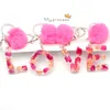 Porte-clés pompon rose avec lettres, fleurs séchées, mots anglais, pendentif pour sac à main, ornement, bijoux cadeaux, A-Z