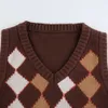 Kancool brown argyle vintage y2k beskuren tröja väst höst ärmlös stickad pullover preppy stil casual plaid stickade 90s y0825