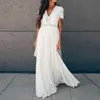 Ordifree 2021 여름 빈티지 여성 Maxi 파티 드레스 짧은 소매 흰색 레이스 긴 튜닉 비치 드레스 직업 휴일 의류 Y0603