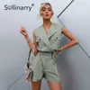 Sollinarry High Street Revers Romper Femmes Été Ceinture sans manches Fashon Solid Casual Rompers Spring Short Playsuit Streetwear 210709