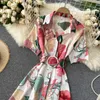 Teeuiear Slim Neck Summer Floral Print Long Bluzka Drparty Bandaż Vestido De Festa Kobiety Plaża Elegancka sukienka tunika X0529