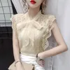 Solid Hollow Out Shirt Koreaanse mode kleding vintage mouwloze dames tops en blouses kanten patchwork blusas 9811 210308