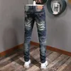 Italiaanse stijl mode mannen jeans retro blauwe elastische katoenen slanke pasvorm gescheurd voor streetwear vintage designer denim broek