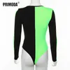 Neon yeşil turuncu vücut sonbahar seksi bodysuits kadınlar renk patchwork sıska bodysuits kulüp parti tulumları bodycon rompers 210306