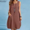 Vintage Solid Summer Sukienka Kobiety Plaża Sundress Zanzea 2021 Casual Bez Rękawów Długość Knee Vestidos Kobieta Przycisk Robe Y1006