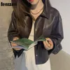 Nerazzurri Frühlingsbraune kurze leichte weiche Kunstlederjacken für Frauen Langarmtasche Übergroße schwarze koreanische Mode 210916