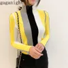 Gaganight Casual Rayas Mujeres Suéter Bodycon Manga larga Tortuga Cuello Jersey Punto Patchwork Retro Coreano Jumper X0721