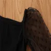 2021 Fashion Toddler Baby Kids Girl Clothes Set Black Polka Dot Lace Sleeve Crop Top + Oregelbundna Long Denim Skirt Outfits Set 2pcs