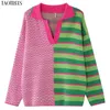 Taotrees femmes tricots tricoté à manches longues Colorblock pull rayé et vague motif revers pull pull 211109