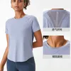 L-043 Mesh-Rückseite, atmungsaktiv, für Damen, Yoga-Outfits, Oberteile, einfarbig, Laufen, Fitness, Fitnessstudio, Kleidung, Damen, kurzärmlig, T-Shirt, lässig, Übung, Sport