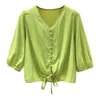 Fashion Women Blouse Casual Women Tops Summer Short Sleeve Green and White Chiffon V-neck Women Clothing 5391 50 210527